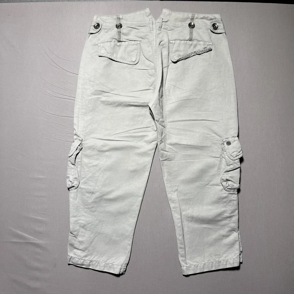 IKKS Cargo Pants Womens‎ 40 Light Gray Cropped Capri Drawstring Button Hem Twill